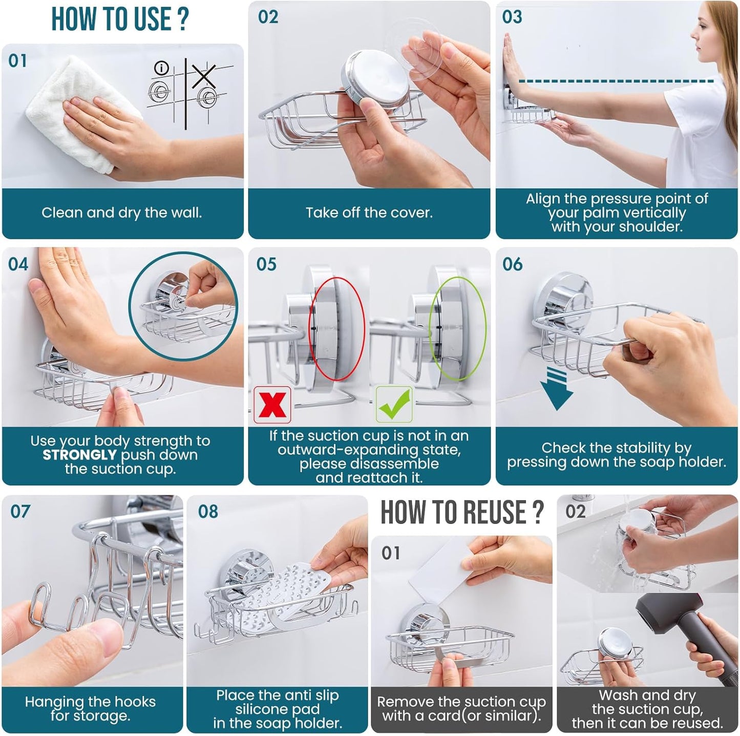 TAILI Bar Soap Holder Suction Cup with Hooks and Silicone Soap Saver Pad for Bath Shower Wall, Shampoo Caddy for Bathroom, Tub, Kitchen, Rustproof Stainless Steel Sponge Holder, Silver