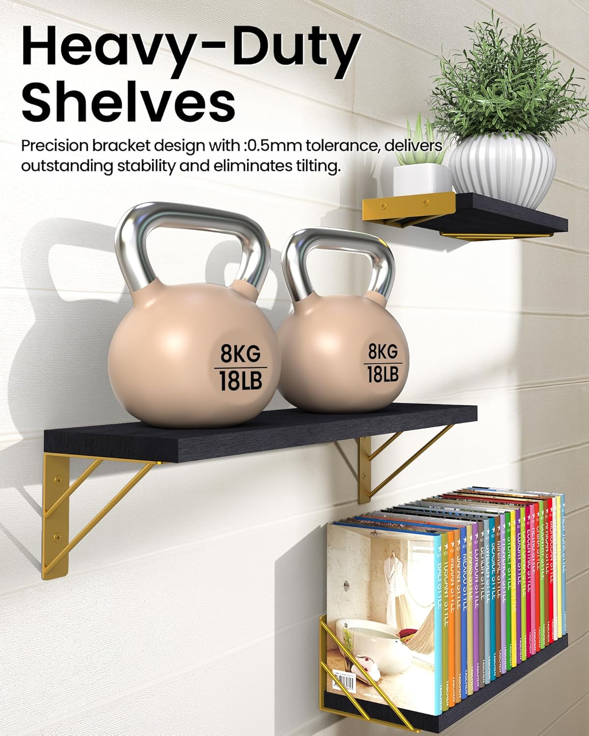 BAYKA Wall Shelves for Bedroom Decor, Floating Shelves for Living Room Kitchen Storage, Mounted Rustic Wood Floating Shelves for Kids Books, Corner Shelves for Bathroom, Office(Black Gold,Set of 3)