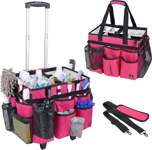 Extra Large Rolling Cleaning Caddy Bag with Detachable, Foldable Trolley Portable Cleaning Cart for Housekeeping Cleaning Caddy with Adjustable Shoulder Strap and Multiple Storage Pockets