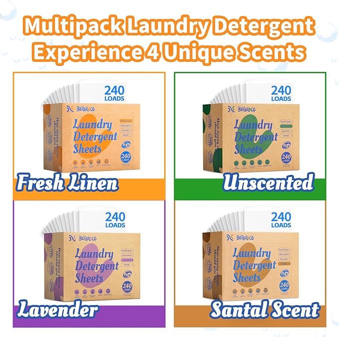 BellaLuce Laundry Detergent Sheets - 4 Scented 960 Loads Travel Laundry Sheets for Dorm,College,Home,Hotel,Apartment,Camping,Road Trip,Beach Vacation,Small Space,Family School Travel Essentials