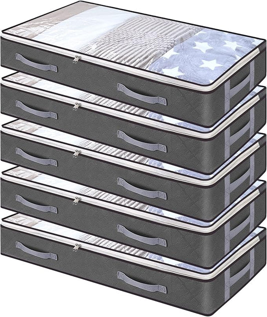 Vieshful 5 Pack Underbed Storage Bags 75L Foldable Clothes Bag Large Capacity Storage Containers with Clear Window Reinforced Handles Zippered Organizer Non-Woven for Comforter Blanket Bedding