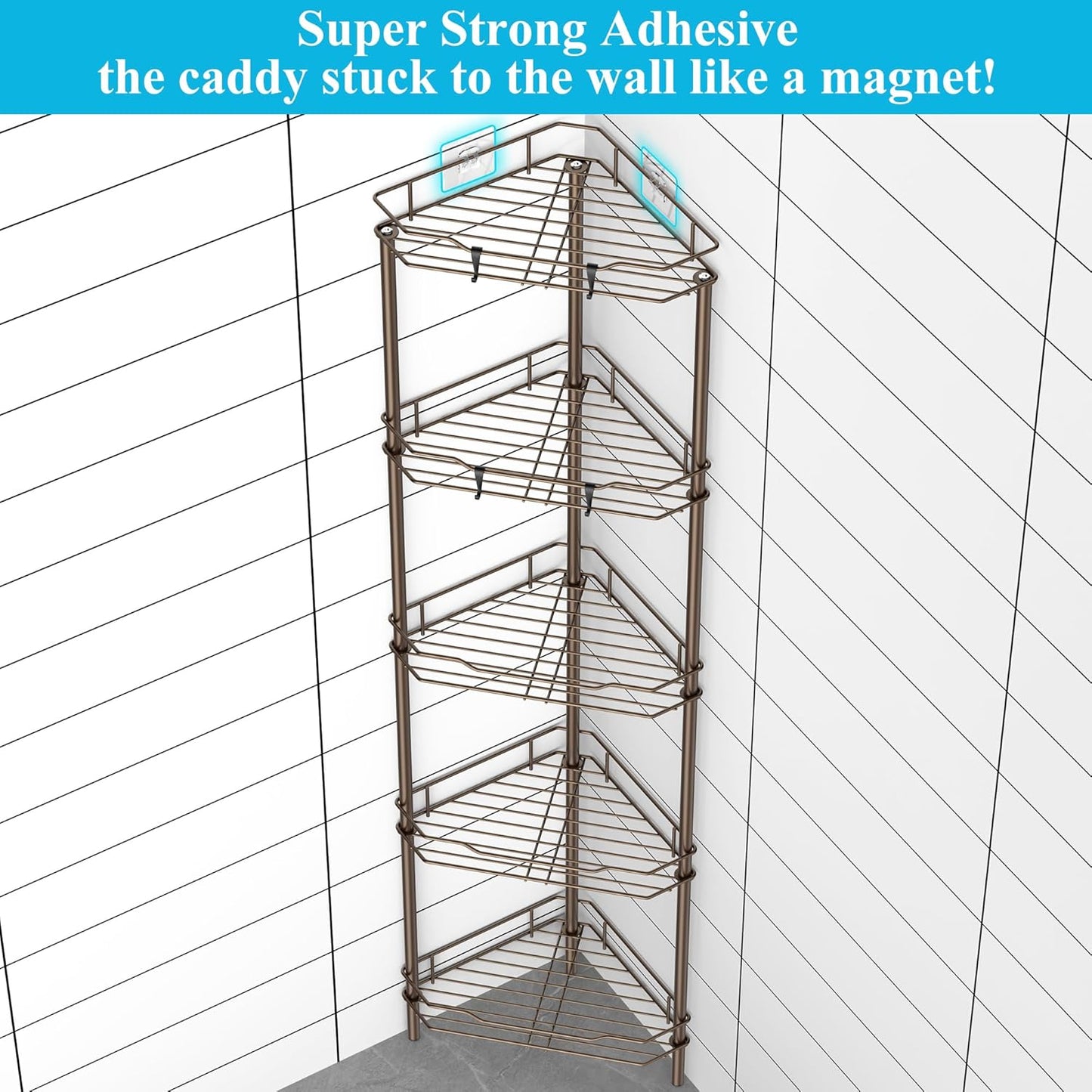 5 Tier Floor Standing Corner Shower Caddy Organizer Shelf with Hooks, Bathroom Shelves Stand Rack, Bronze