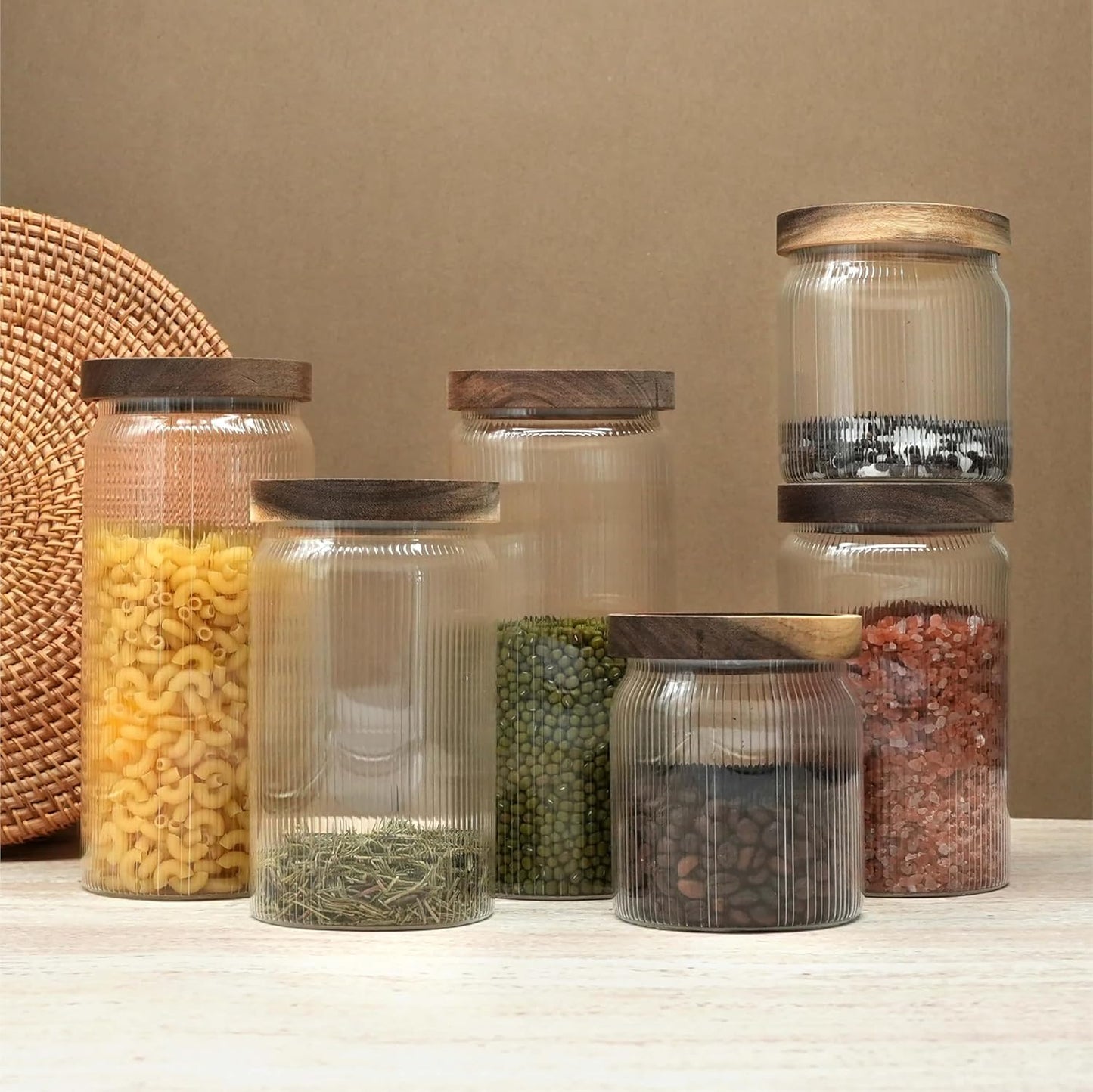 Ribbed Glass Storage Jars Set of 2 – Airtight Food Canisters with Wooden Lids, Stackable Kitchen Organizers for Coffee, Tea, Spices & Dry Goods (8.5oz)