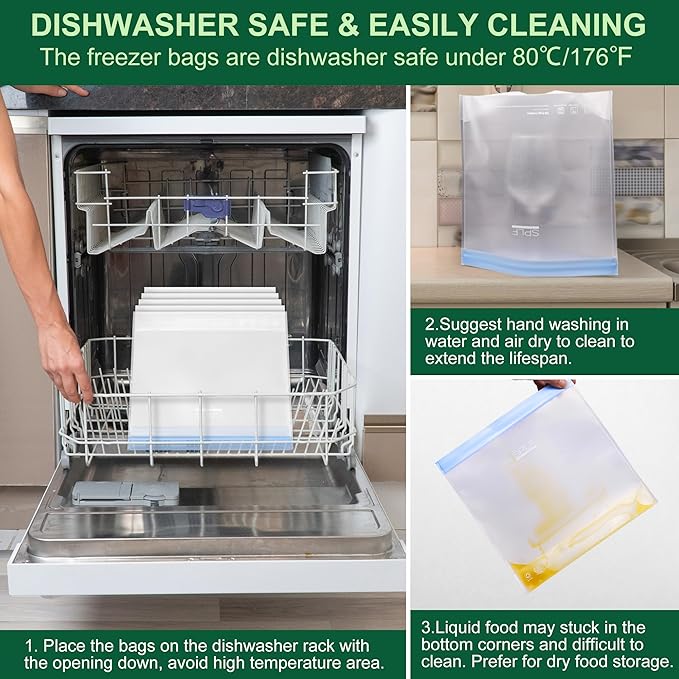 SPLF 6 Pack Stand-Up Reusable Gallon Freezer Bags Dishwasher Safe, Extra Thick 1 Gallon Leakproof Food Storage Bags, BPA and Silicone Free Freezer Bags for Meal Prep, Bread, Veggies, Home Organization