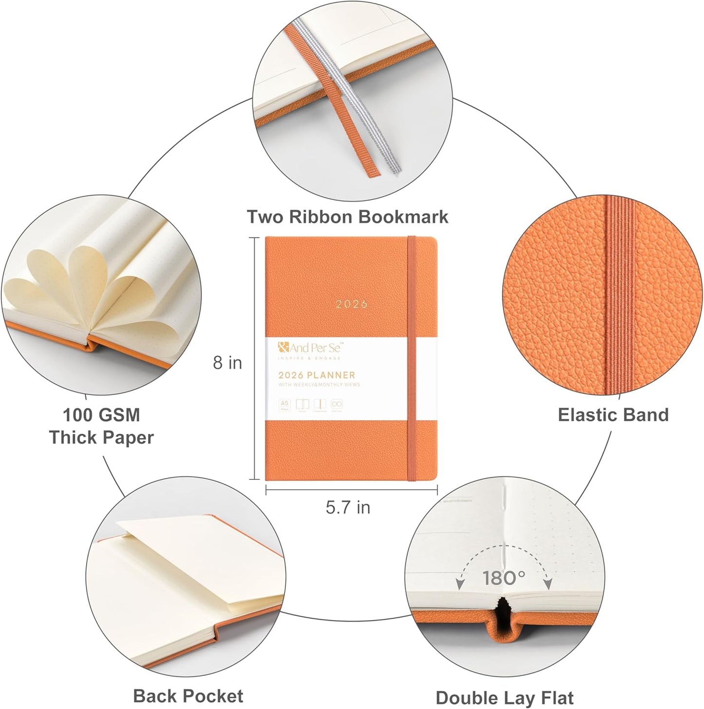 And Per Se 2026 Planner-Daily, Weekly & Monthly Leather Hardcover Planner, 5.7" x 8", Daily Schedule, Monthly Tabs, 100 GSM Thick Paper, Back Pocket(Pumpkin Orange)