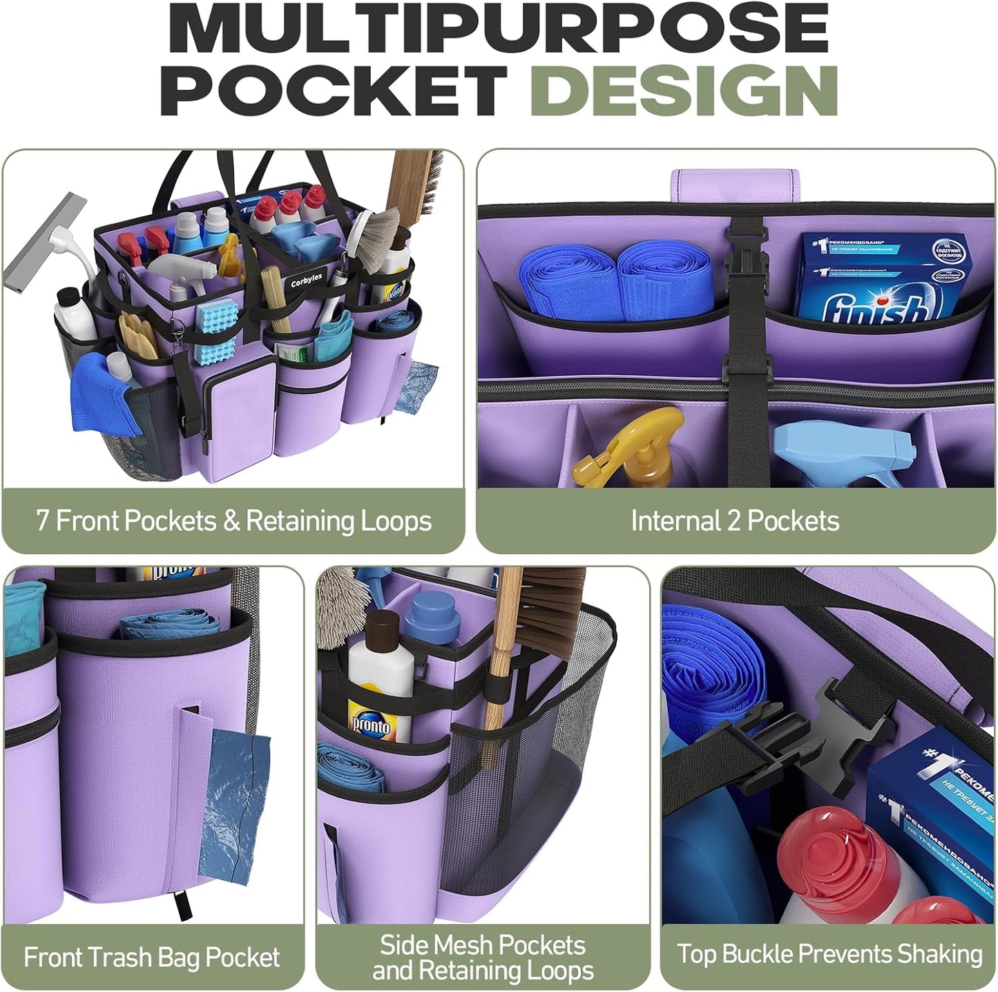 Rolling Cleaning Caddy Bag with Detachable Trolley, Cleaning Supplies Organizer Cart on Wheels, Cleaning Supply Caddy for Housekeepers, Large Professional Detailing Bag Tote for Home, Car (Purple)