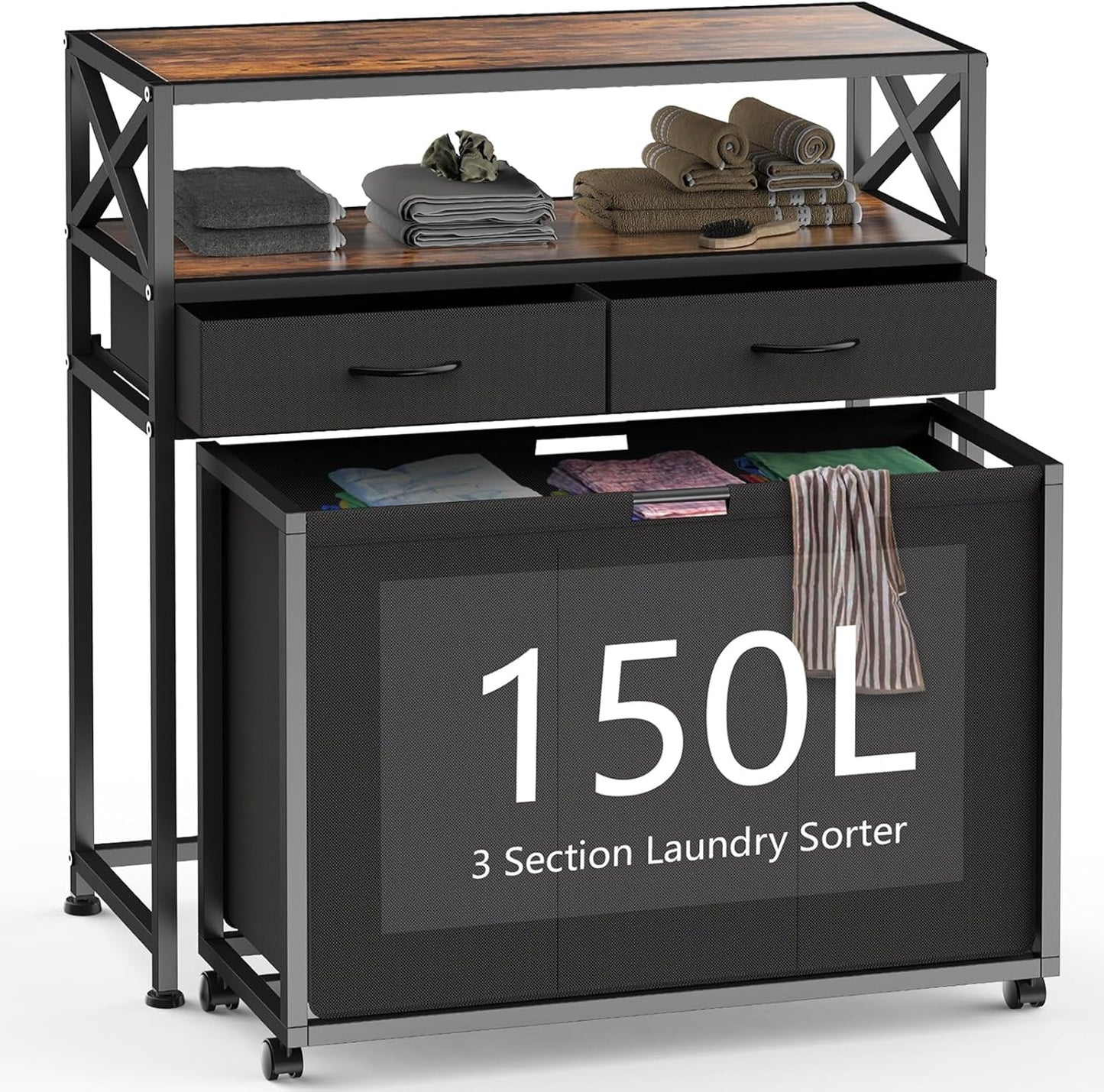 Laundry Hamper 3 Section, 150L Rolling Laundry Sorter Basket with 2 Shelves and 2 Drawers, 3 Compartment Clothes Organizer Cart with Wheels, Pull-Out Bags for Laundry Room, Bathroom, Bedroom