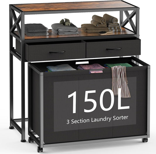 Laundry Hamper 3 Section, 150L Rolling Laundry Sorter Basket with 2 Shelves and 2 Drawers, 3 Compartment Clothes Organizer Cart with Wheels, Pull-Out Bags for Laundry Room, Bathroom, Bedroom