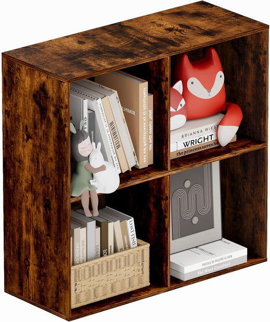 Book Shelf, Wooden Cube Storage Organizer with 11" Open Cubes, Stackable Bookcase for Room Divider Storage, Bookshelf for Living Room, Bedroom, Office (Indonesian Antique Oak, 4-Cube)