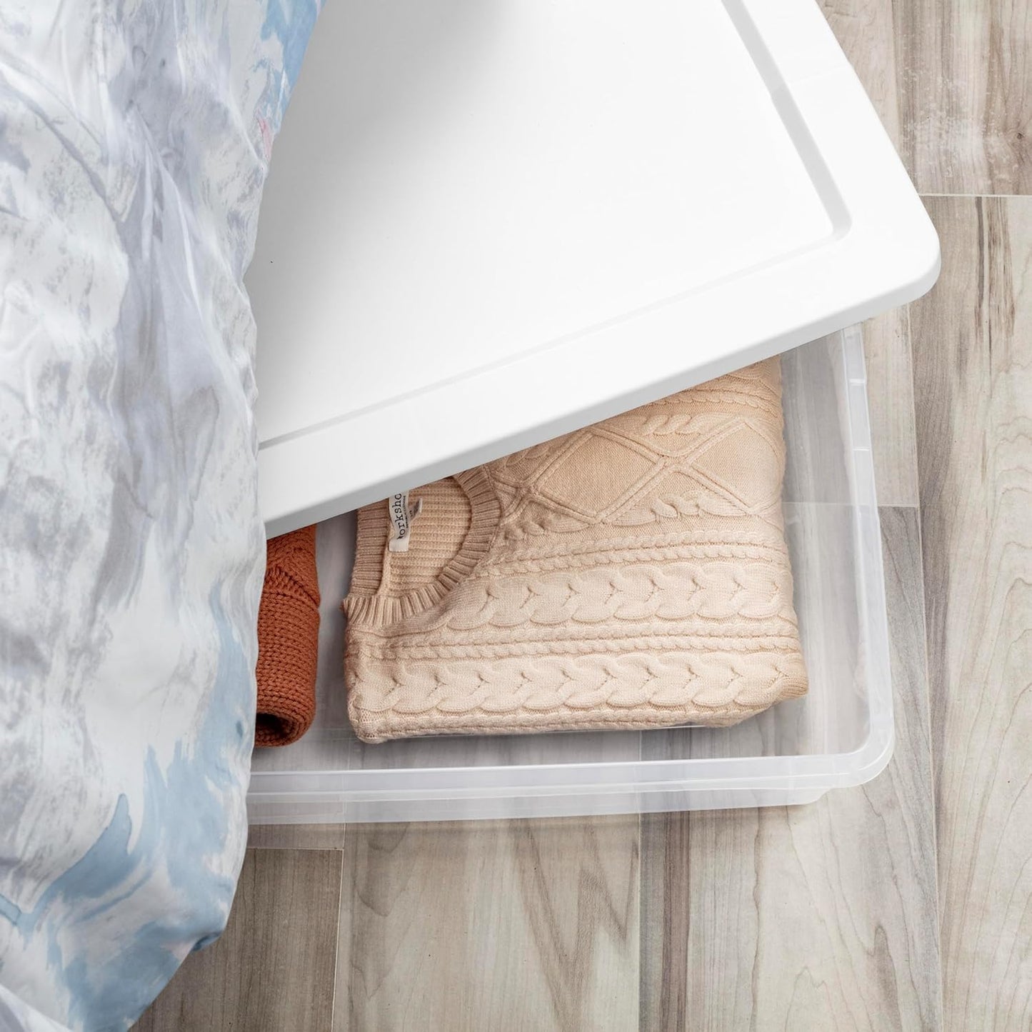 2 Pack Under Bed Storage Bin with Lid,41 Quart Clear Plastic Container for Clothes Linens,29.5x18x6 Inch Stackable Organizer Box with Snap-On Cover,Transparent Underbed Design