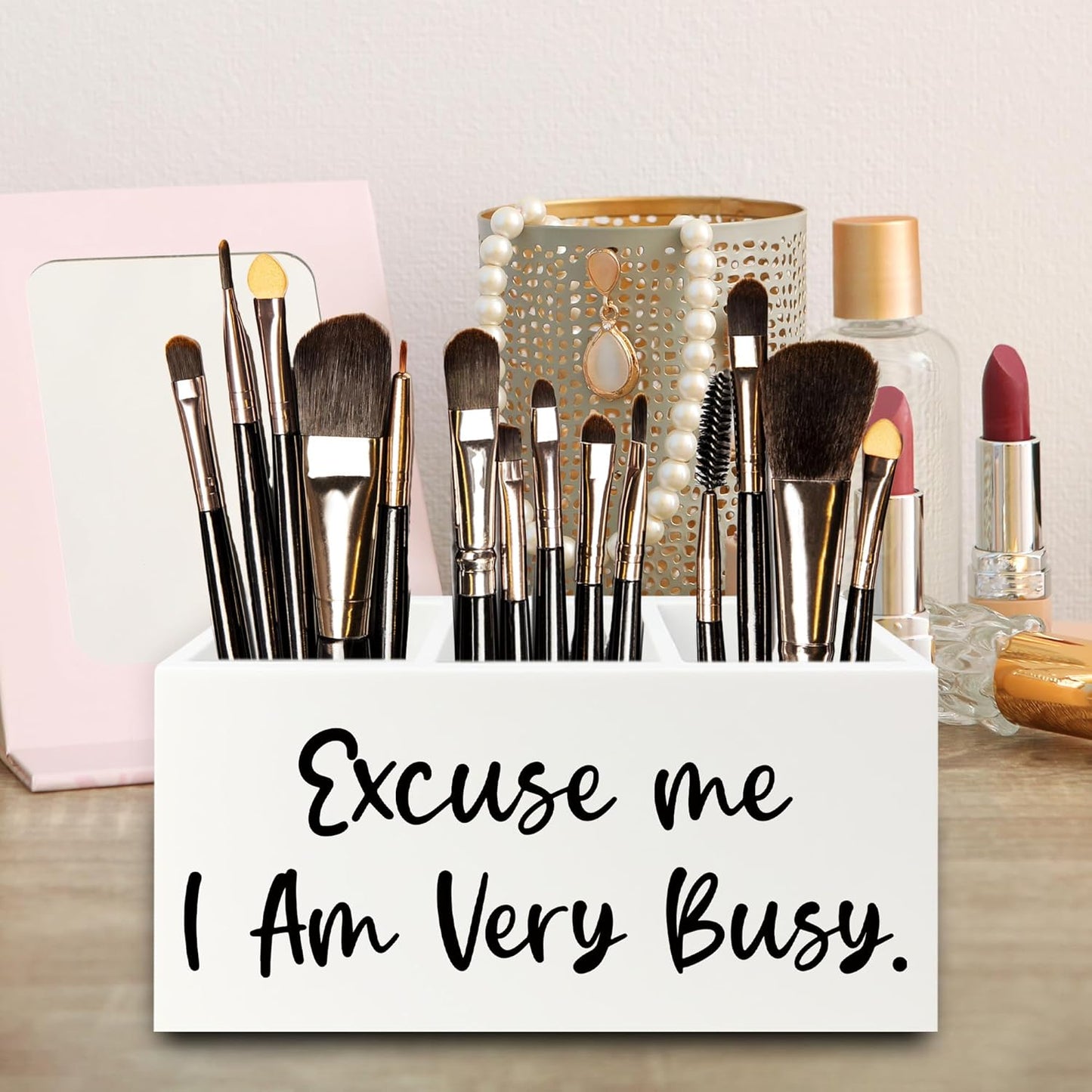 Funny Pen Pencil Holder Organizer for Desk, Funny Office Decor, Excuse Me I Am Very Busy Wooden Box Signs Decorations for Home Workplace Office Desk Tabletop