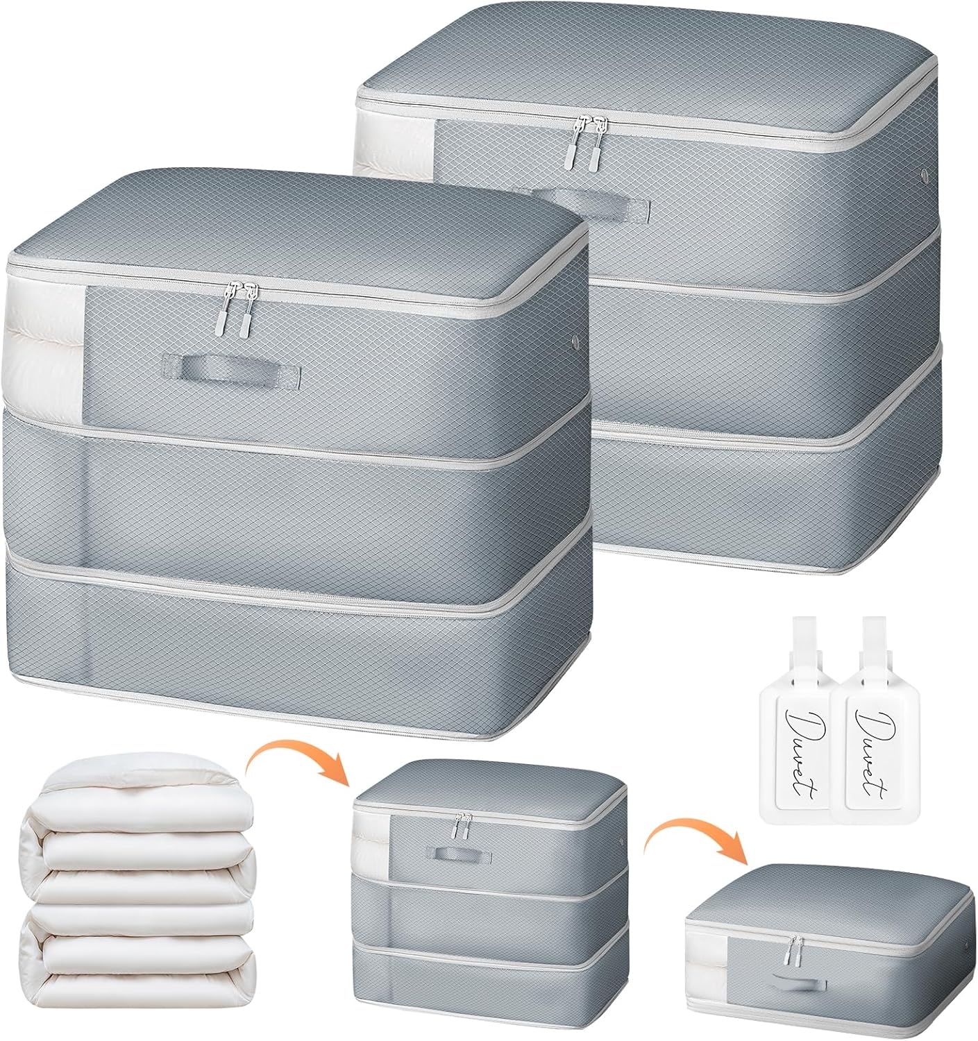 Comforter Storage Bag - Large Capacity Blanket Storage Bags 3-Layer Ultra Space Saving Self Compression Organizer, Washable Compression Bags for Storage Comforter Blanket, 2-Pack, Grey