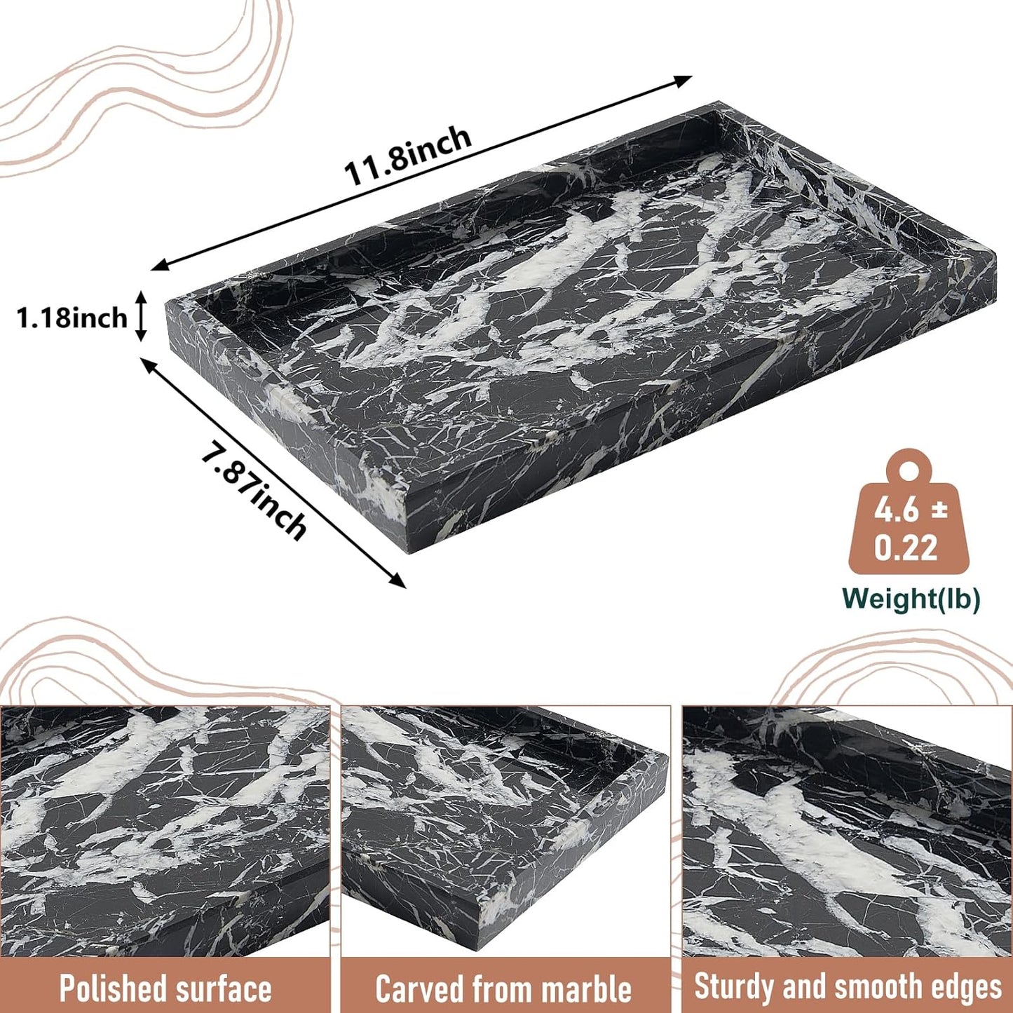 Marble Bathroom Tray,Pure Natural Vanity Tray,Marble Tray for Kitchen Counter Non-Ceramic/Non-Resin,Stone Trays 12 x 8 inch