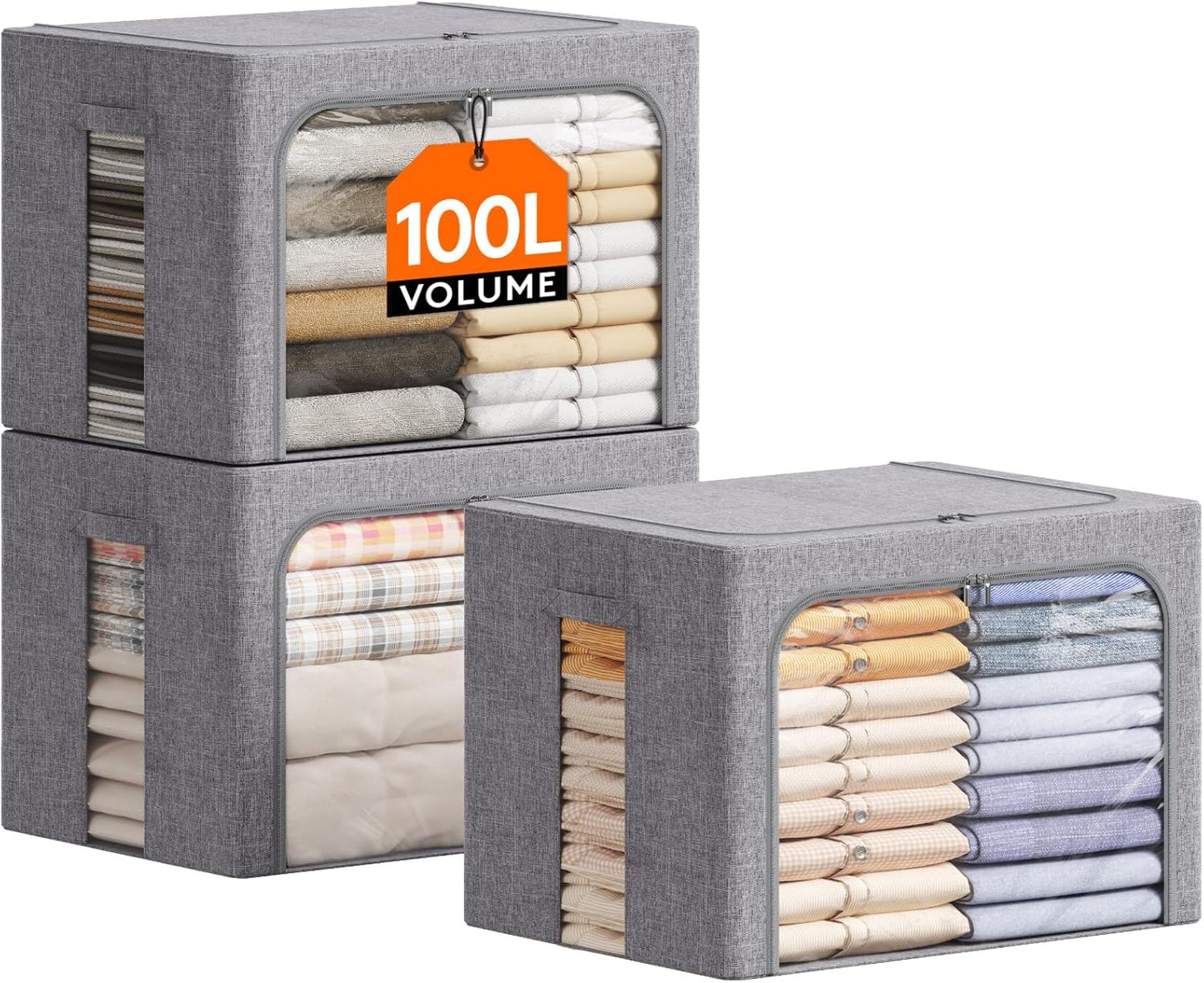Lifewit Clothes Storage Bins with Metal Frame, Stackable Storage Box, Foldable Clothing Storage Bins with Lids, 100L Storage Bags Fabric Box Organizer with Clear Window＆ Zippers＆ Sturdy Handles 3 Pack