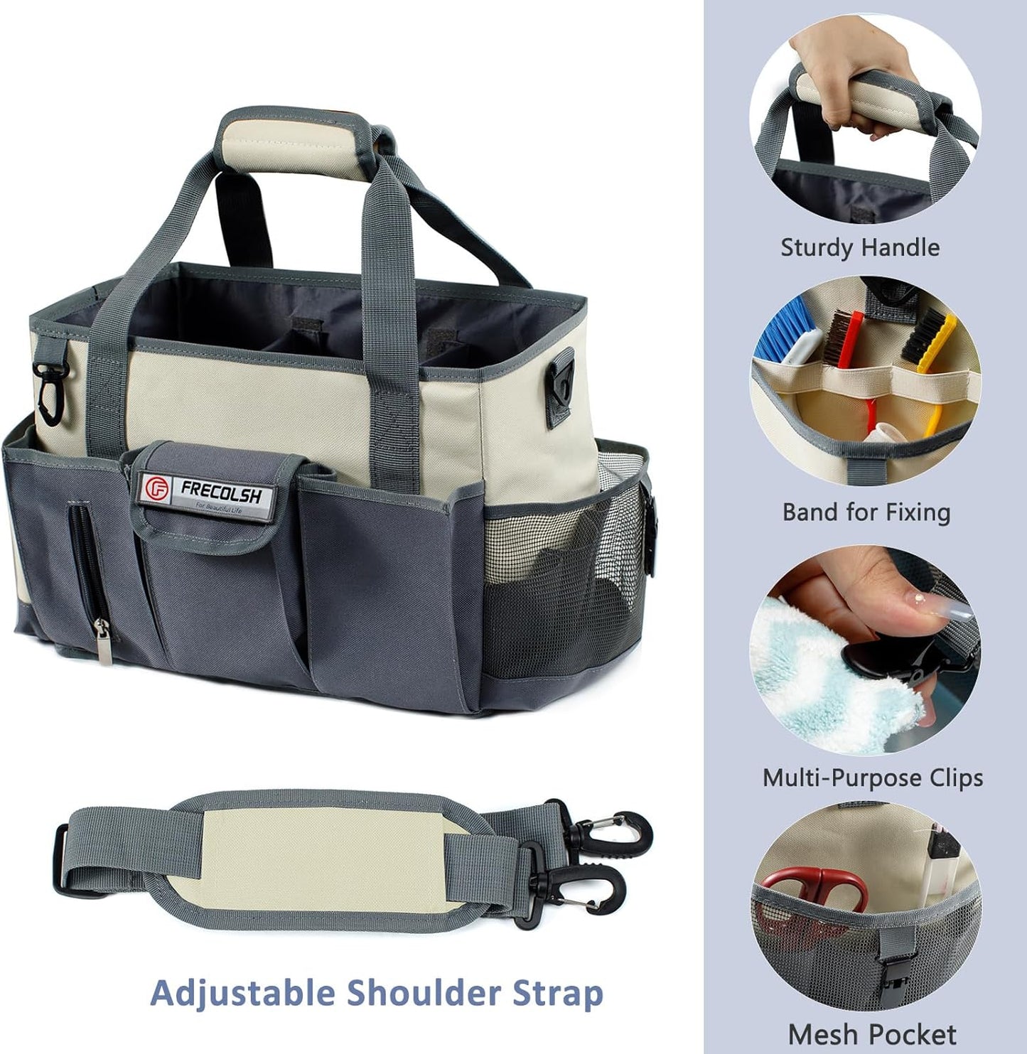 Large Cleaning Caddy for Suppliers Organizer,15'' Professional Organizer with Handle,Wearable Cleaing Bag,Cleaning Storage Caddy,Cleaning Housekeeping,Ivory-Grey