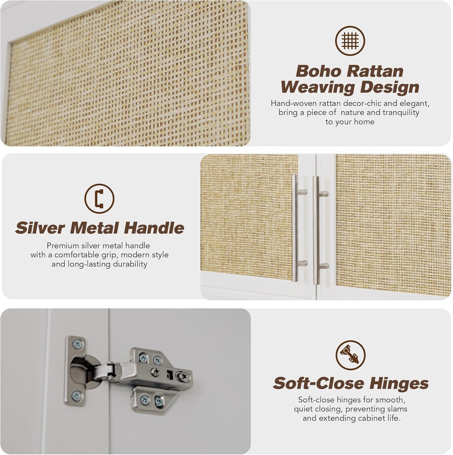 Rattan Wall Storage Cabinets - 60" Wide Large Laundry Room Wall Amount Cabinets with Adjustable Shelf for Kitchen,Bathroom