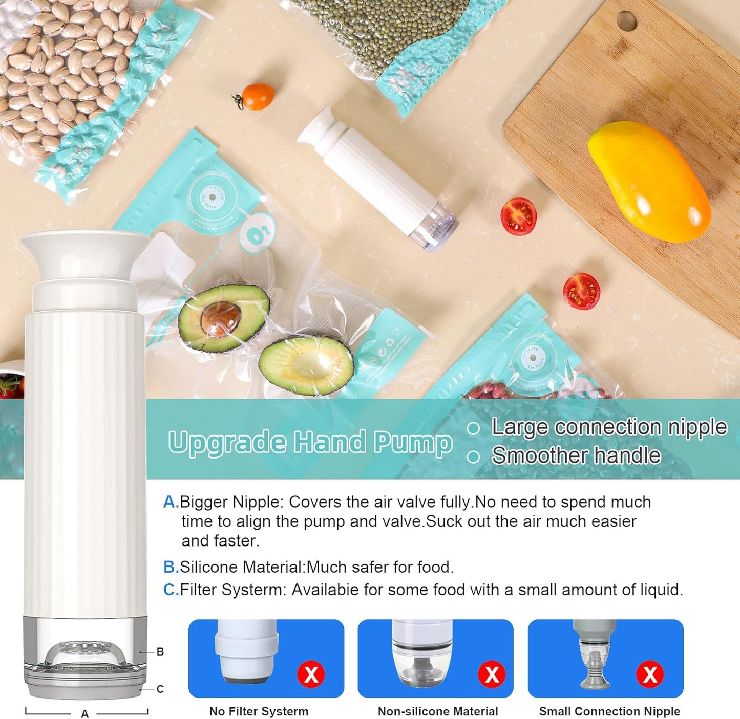 Hand Pump for Sous Vide Bags & Vaccum Containers, Manual Handheld Vacuum Pump,Jar Vacuum Sealer for Wide & Regular Mouth Mason Jars