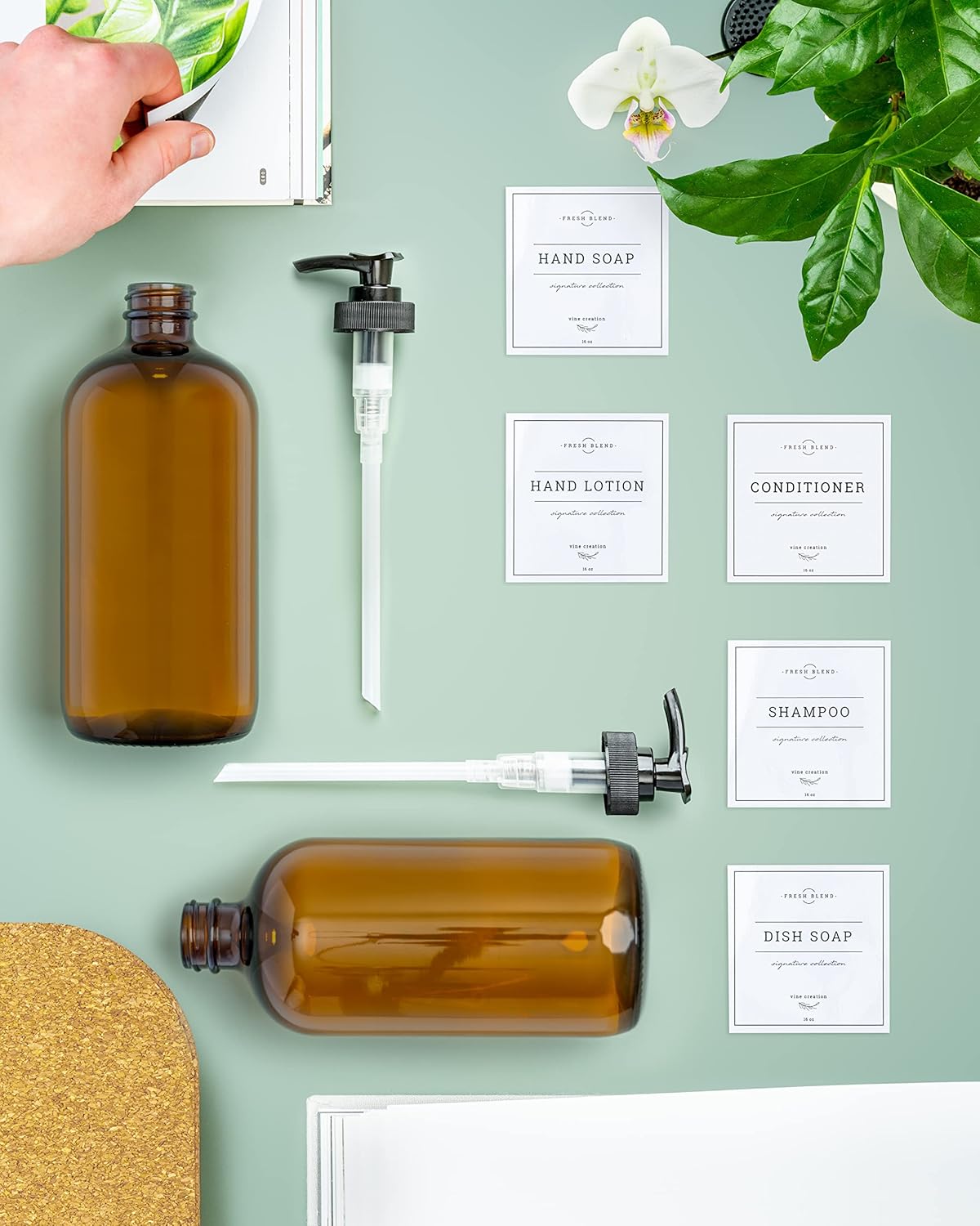 Vine Creations Amber Glass Soap Dispenser, 2 Pack Kitchen Soap Dispenser Set with Rustproof Pump, 16 oz Dish Soap and Hand Soap Dispensers for Bathroom with Waterproof Labels