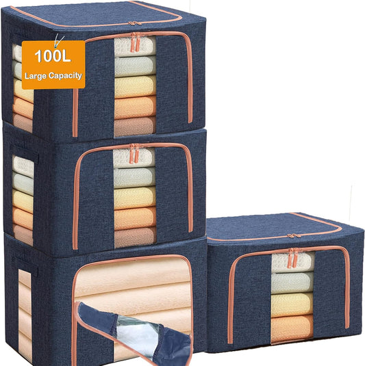 100L Large Storage Bags,Stackable Clothes Storage Bins with Hold Shape Metal Frame,Foldable Closet Organizer Containers with Zipper,Clear Window,Thick Fabric for Seasonal Clothing (Navy 4 Pack)