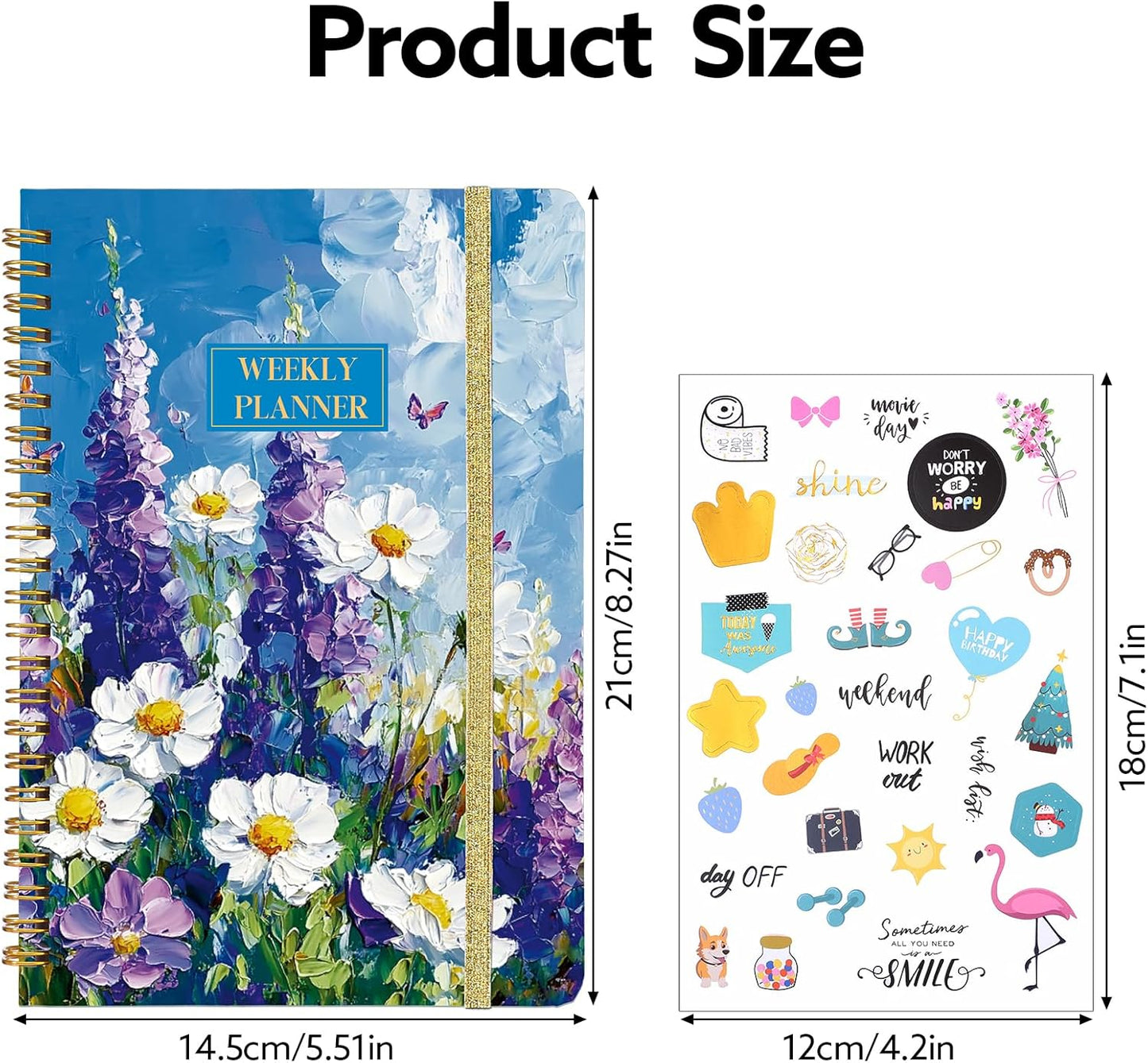Undated Weekly Planner, A5 Weekly To Do List Notebook with Habit Tracker Spiral Binding Weekly Planner Notebook with Stickers Home Work School Supplies, Purple Flower