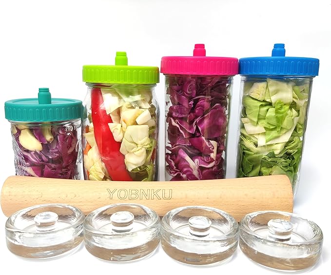 Complete Mason Jar Fermentation Kit with Pounder, 4 Glass Weight and 4 Fermenter lids Sauerkraut Caps Pickle Pipes Fermenting Food Tool for Wide Mouth Mason Jars-Jars Not Included (Have pounder)