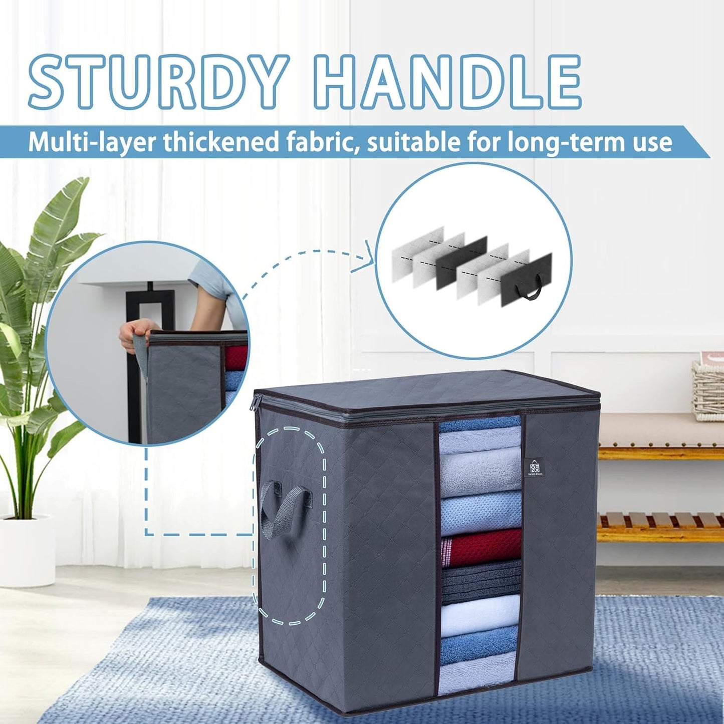 VENO 3 Pack Clothes Storage Bag Organizer with Reinforced Handle Thick Fabric for Comforters, Blankets, Bedding, Foldable with Sturdy Zipper, Clear Window, Reusable (Tall 24 Gallon)