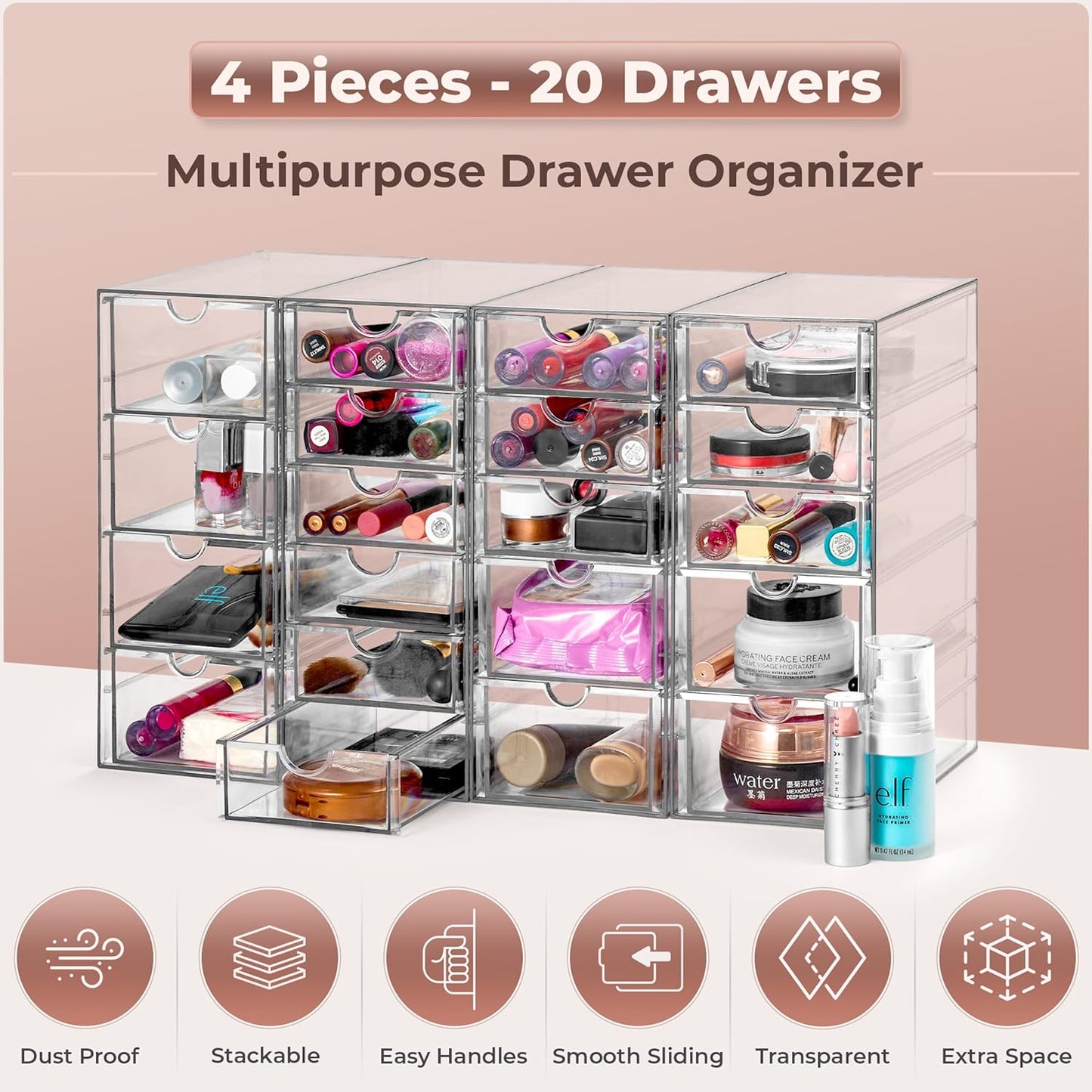 Sorbus Makeup Organizer With 20 Drawers, Acrylic Drawer Organizer for Makeup, Office Organization and Storage, Art Supplies, Jewelry, Stationary - 4 Pcs Clear Stackable Storage Bins Organizer Drawers