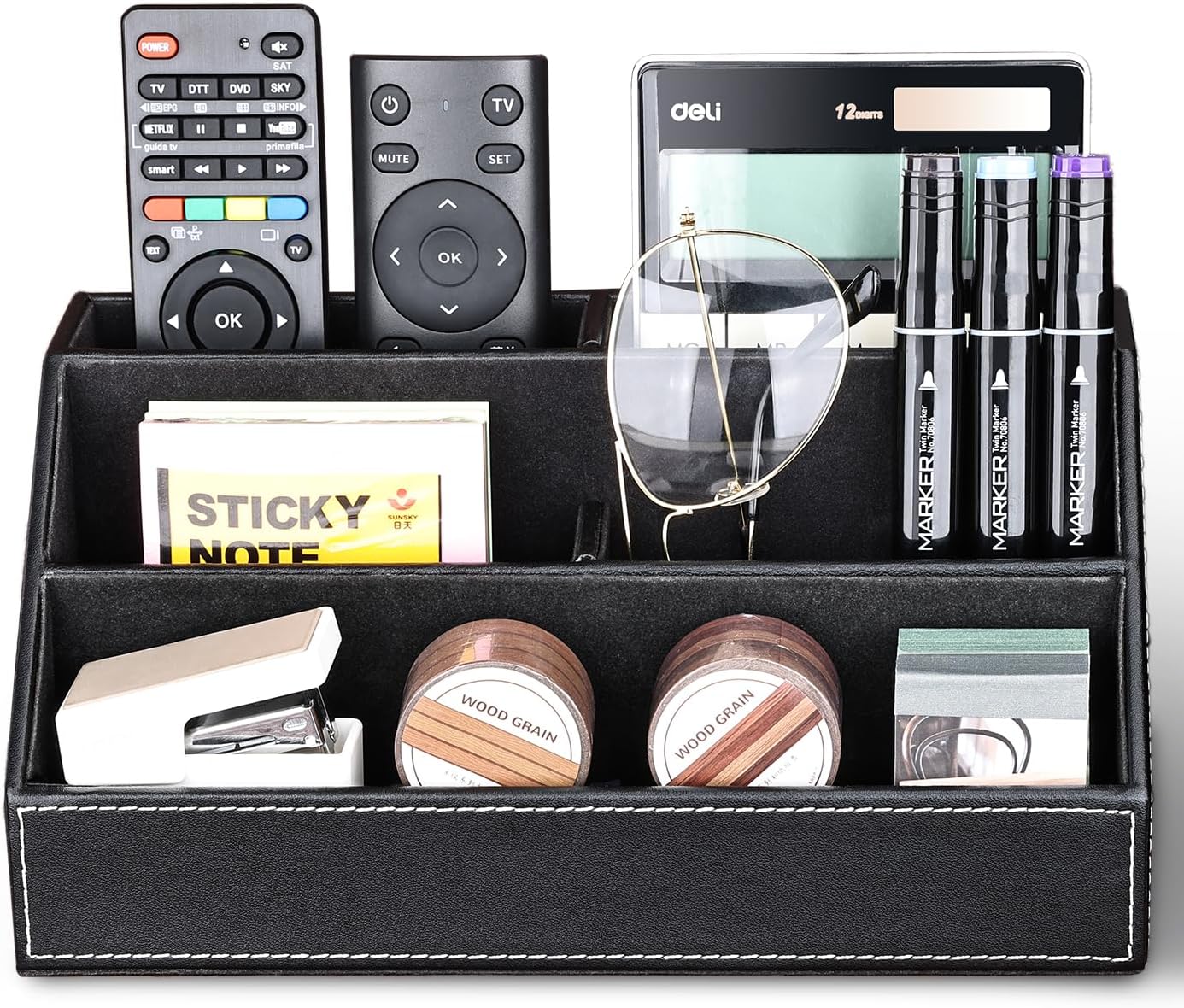 KINGFOM Pu Leather Desk Organizer with 5 Compartments Holder, Multi-Functional Office Supplies Storage Caddy for Pen/Pencil, Phones, Remote Controller and Desktop Accessorie Black