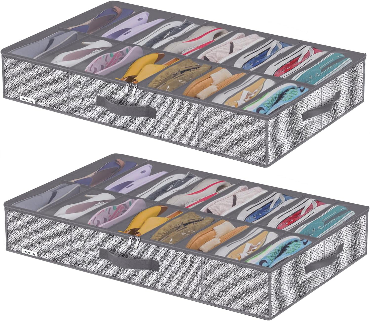 Onlyeasy Sturdy Under Bed Shoe Storage Organizers with Handles & Clear Window (16 to 32 Pairs) 2 Pack, Closet Shoes Containers Boxes for Kids & Adults, 37.7"x23.6"x5.9", Linen-like Grey, MXDUBS16P2