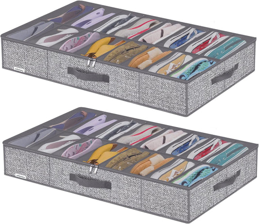 Onlyeasy Sturdy Under Bed Shoe Storage Organizers with Handles & Clear Window (16 to 32 Pairs) 2 Pack, Closet Shoes Containers Boxes for Kids & Adults, 37.7"x23.6"x5.9", Linen-like Grey, MXDUBS16P2