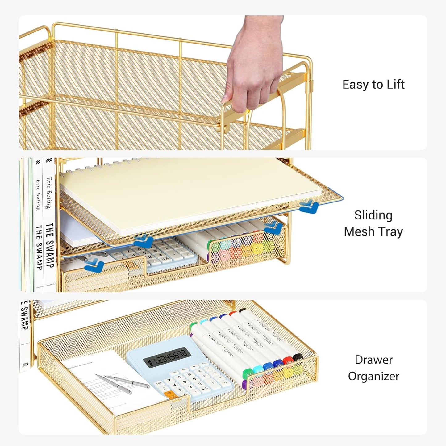 Desk Organizer and Accessories, 4-Tier Desktop File Organizer with Drawer and 2 Pen Holders, Office Desk Accessories, File Sorters, Workspace Organizers for Office Supplies(Gold)