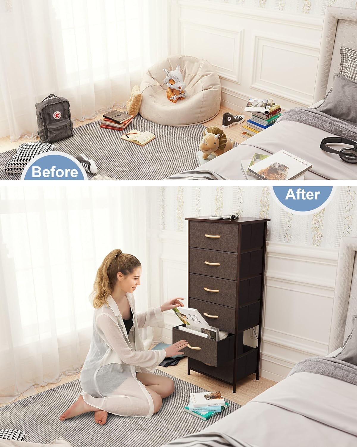 Crestlive Products Vertical Dresser Storage Tower - Sturdy Steel Frame, Wood Top, Easy Pull Fabric Bins, Wood Handles - Organizer Unit for Bedroom, Hallway, Entryway, Closets - 6 Drawers (Brown)