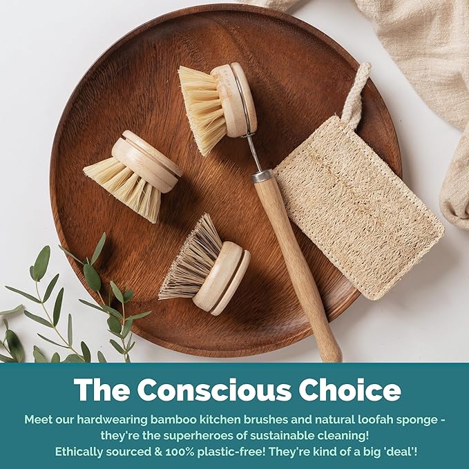 Jungle Culture 4 Piece Bamboo Dish Brush Set for Washing Up • Long Lasting Wooden Dish Brush with 3 Replacement Heads & Loofah Sponge Scourer • Eco Friendly Wooden Scrub Brush for Pots, Pans & Dishes