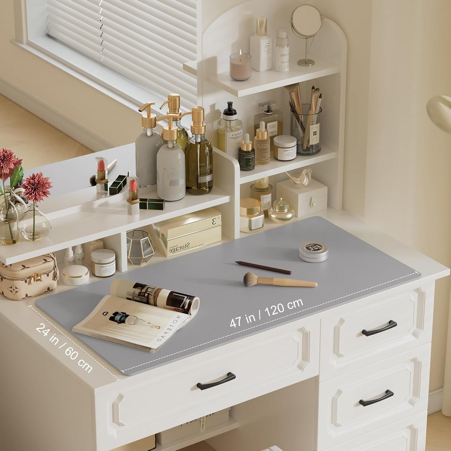 Aothia Leather Desk Pad Protector, Office Desk Mat, Large Mouse Pad, Laptop Desk Pad, Non-Slip PU Leather Desk Blotter, Waterproof Desk Writing Pad for Office and Home (Light Grey, 47" x 24")