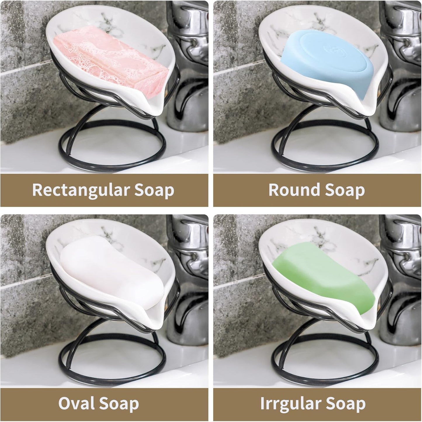 Leaf-Shaped Soap Dish – Ceramic Soap Bar Holder with Self-Drainage System – Bar Soap Holder for Shower, Bathroom Sink, Kitchen – Soap Dish with Stainless Steel Stand (White-Black-2 Pack)