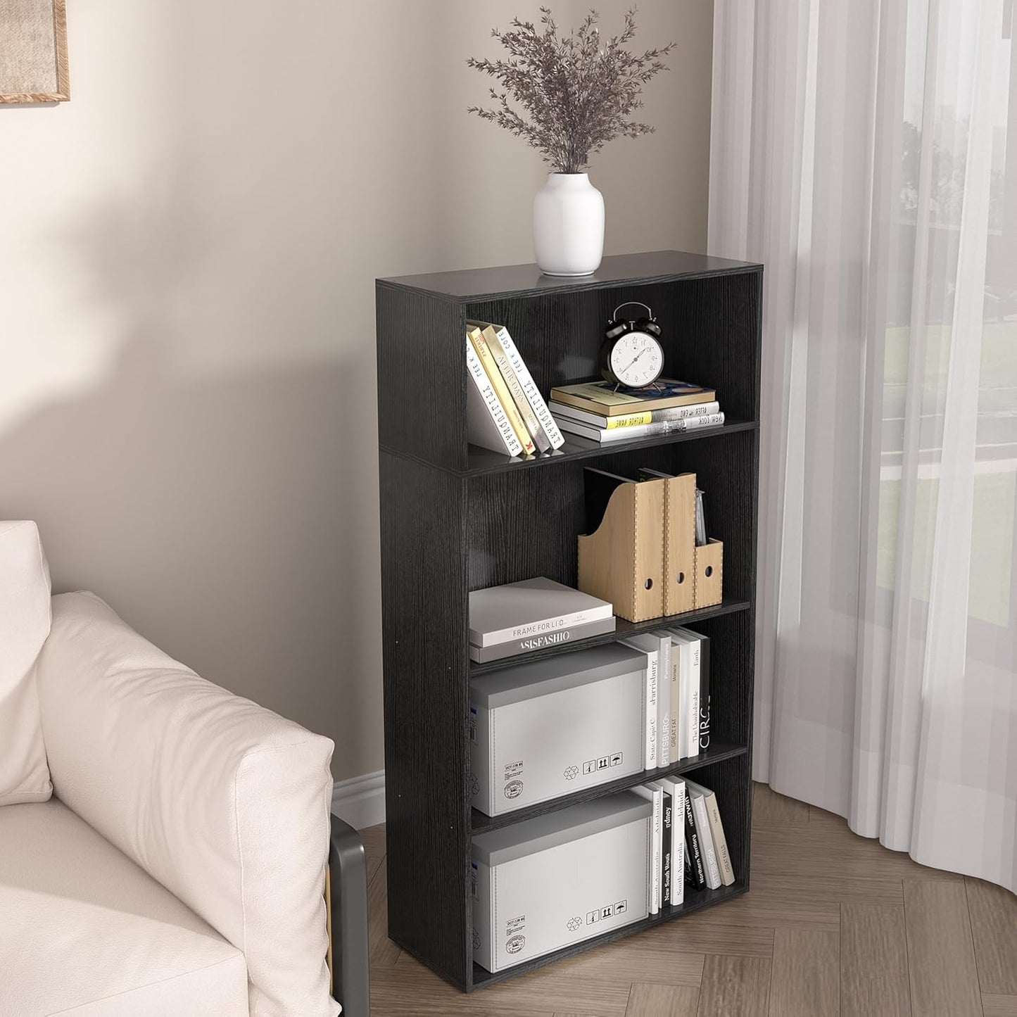 Wooden 4 Cube Storage Organizer,4 Tier Low Bookcase Storage Display Organizer, 44 Inch Versatile Cubes Shelf and Cubby Unit for Any Space (Black, 4 Cube-W(23.6inch)