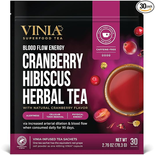 VINIA Cranberry Hibiscus Herbal Tea Bags, Made with Organic Herbal Tea, Infused with Piceid Resveratrol for Heart Health, Nitric Oxide, Physical Energy, Alertness, Blood Flow, Keto, Kosher, NON-GMO. 30 Ct