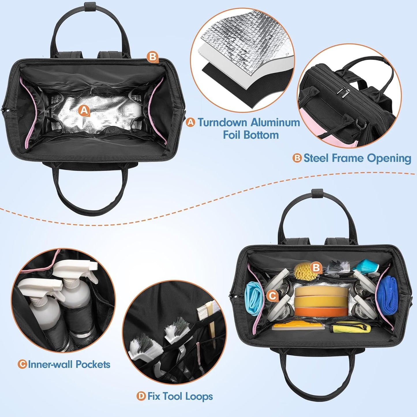 LoDrid Heavy Duty Cleaning Supplies Bag with Steel Frame Top, Large Cleaning Caddy with Adjustable Shoulder Straps and Multiple Pockets for Housekeeping Work, Pink, Bag Only, Patent Designed