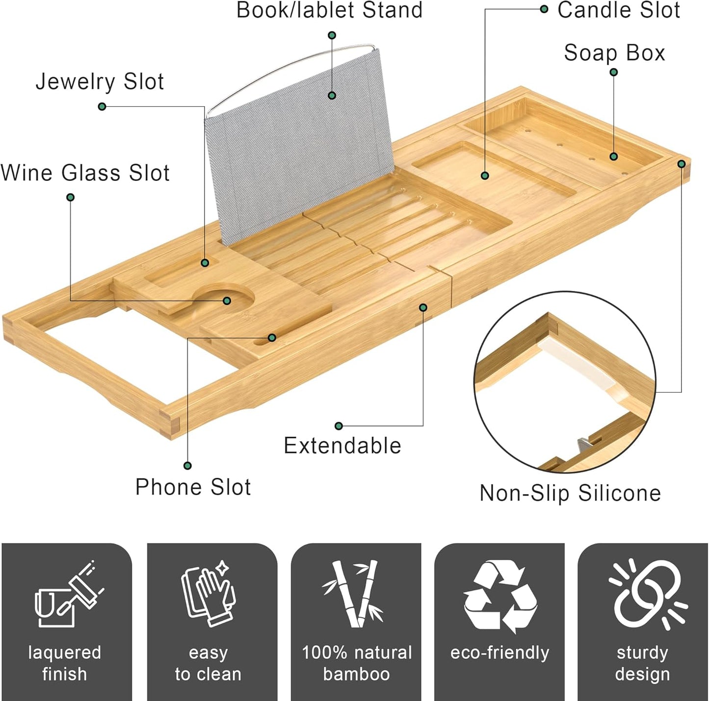 Foldable Bathtub Caddy Tray for Tub,Bamboo Expandable Bath Table Trays,Premium Bathroom Accessories for New Home & Mothers Day & Birthday Gifts for Couples,Natural