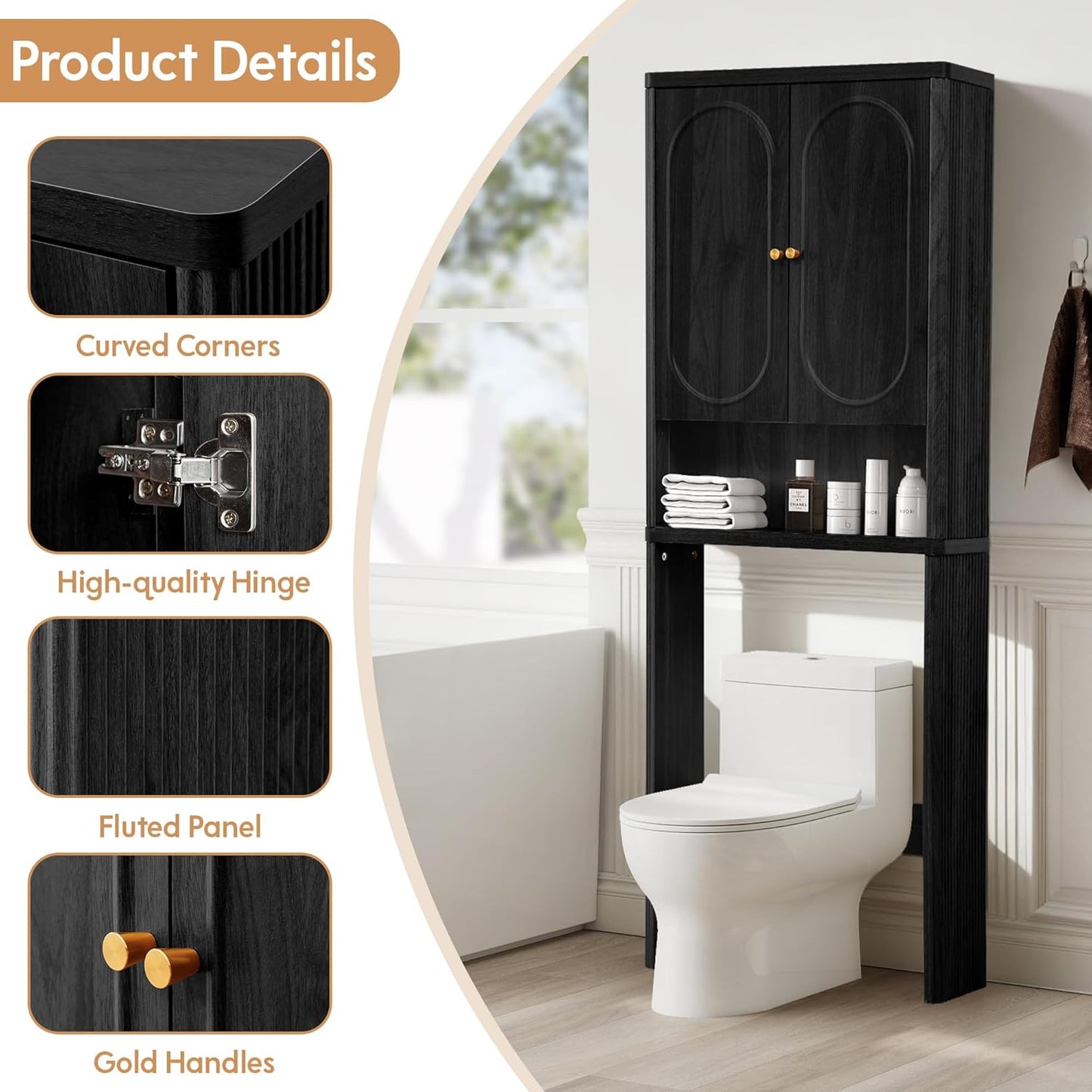 Fluted Over The Toilet Storage Cabinet, Bathroom Toilet Storage Cabinet with Door, Wood Curved Over The Toilet Space Saver Cabinets for Restroom Bathroom, Black