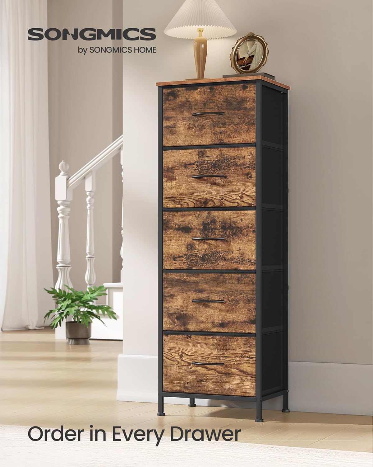 SONGMICS Dresser for Bedroom, Chest of Drawers, Steel, MDF, 5 Non-Woven Fabric Drawers, Storage Organizer Unit, Closet, Entryway, Rustic Brown and Ink Black ULGS315B02S