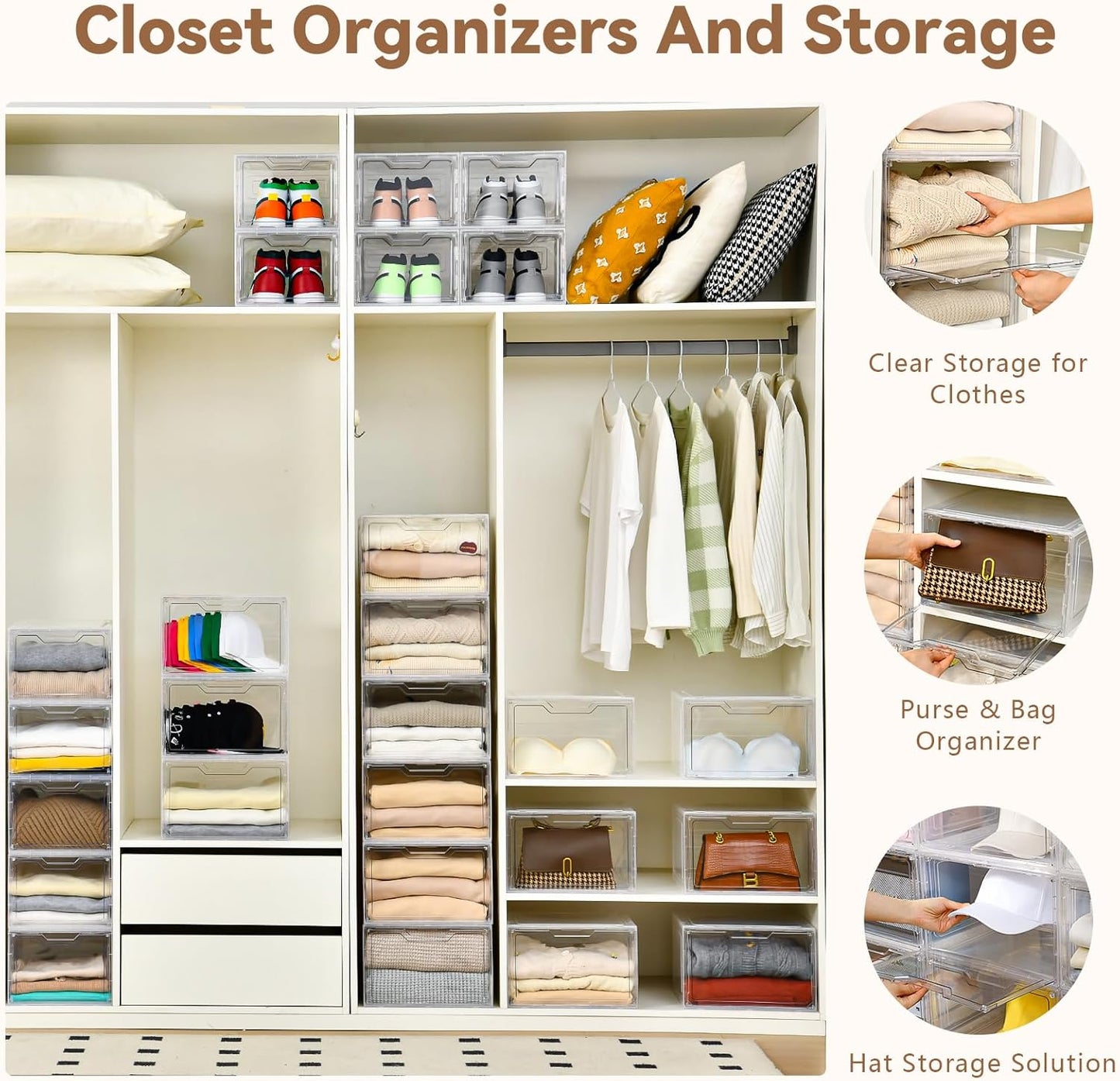 Closet Organizers and Storage, Acrylic Clear Plastic Storage Bins with Magnetic Door, 8 Pack Storage Containers for Clothes Home Organization Purse Bag Cabinet Display Closet Organizer System