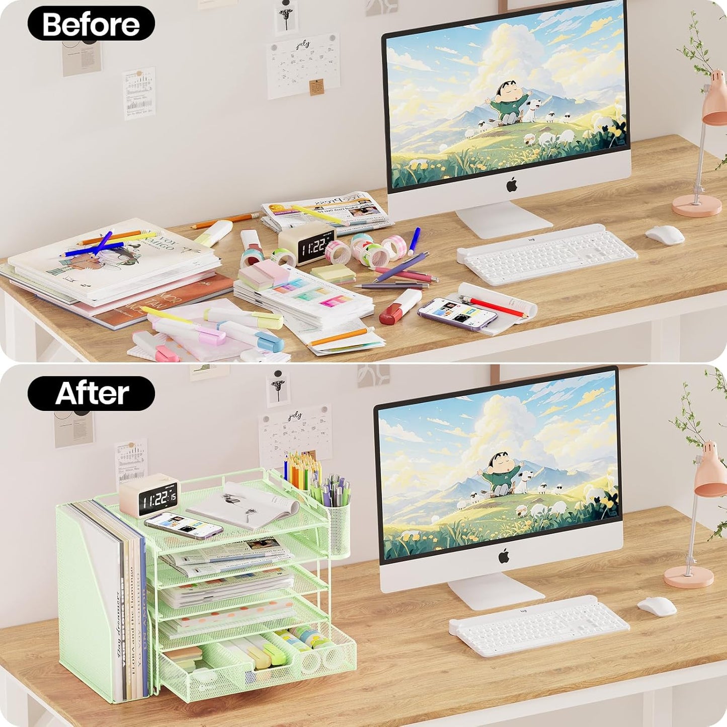 Desk Organizers and Accessories with File Holder, 5-Tier Office Desk Accessories & Workspace Desktop Organizer with Drawer and 2 Pen Holder, File Paper Organizer for Office Supplies(Green)