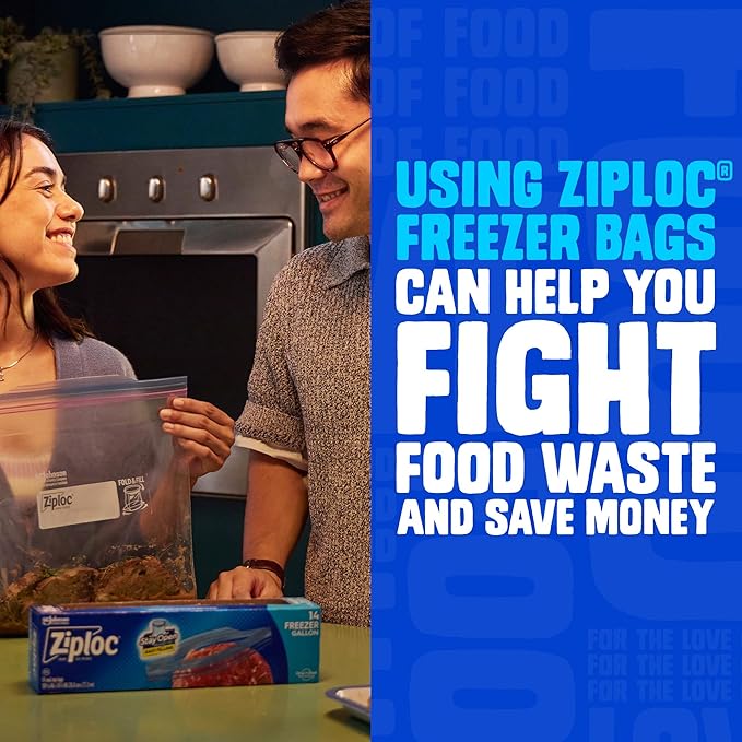 Ziploc Quart Food Storage Freezer Bags, Stand-Up Bottom, Easy to Fill, 60 Count (Packaging May Vary)