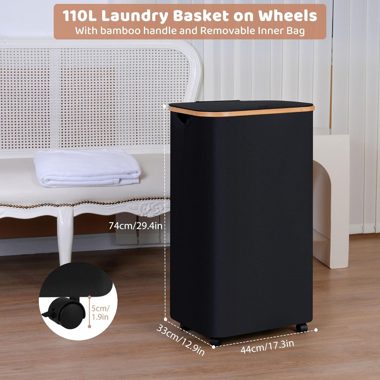 110L Laundry Basket with Wheels,Clothes Hamper for Laundry,Laundry Hamper with Lid and Inner Bag, for Laundry Room, Bedroom, Dormitory Storage,Black