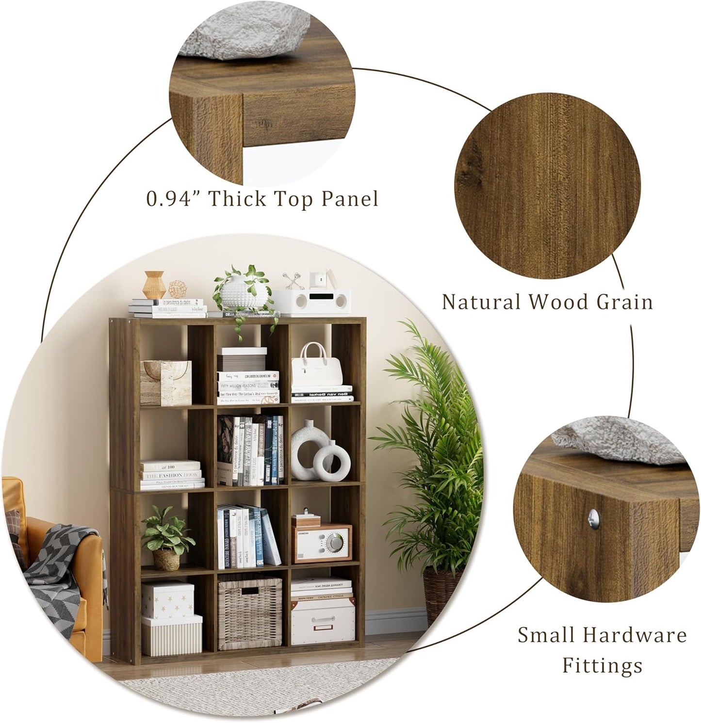 Cube Storage Organizer Bookcase, Decorative 11 inch Open Back Cubical Shelf with Thickened Border, Display Bookshelf for Living Room, Home Office, Sturdy Room (Brown, 12 Cube)