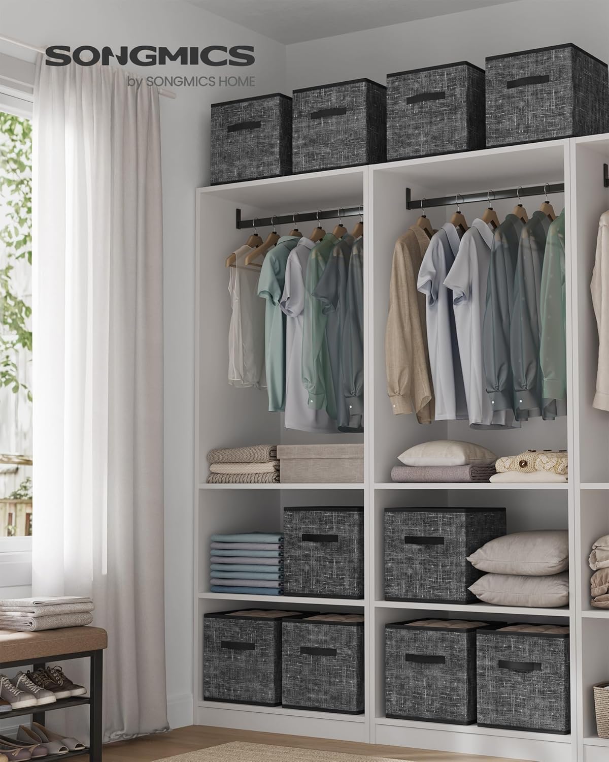 SONGMICS Storage Cubes, 13 x 13 x 13 Inches Non-Woven Fabric Bins with Double Handles, Set of 10, Closet Organizers for Shelves, Foldable, for Clothes, Ink Black UROB133B01