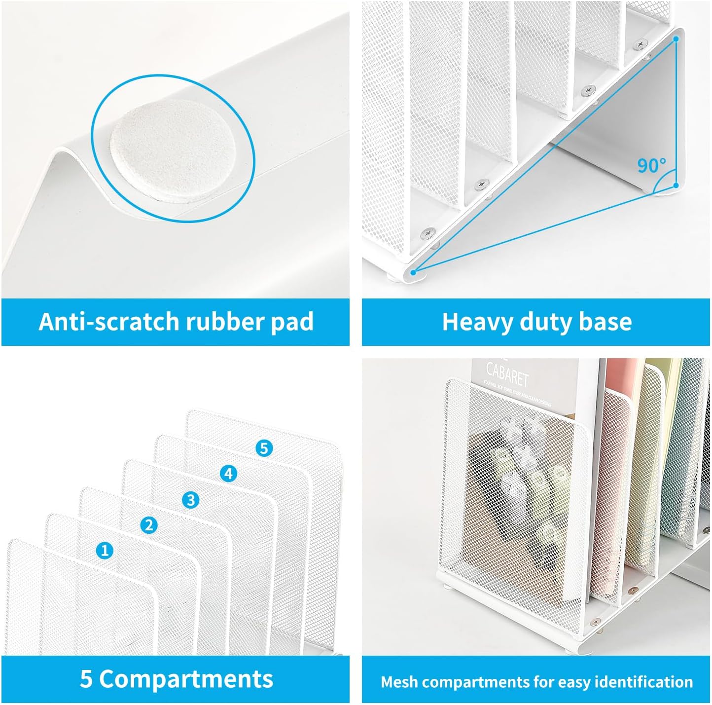 File Organizer for Desk, Desk Organizer with 5-Section Vertical File Rack, File Folder Organizer, Desk Accessories & Workspace Organizers(White)