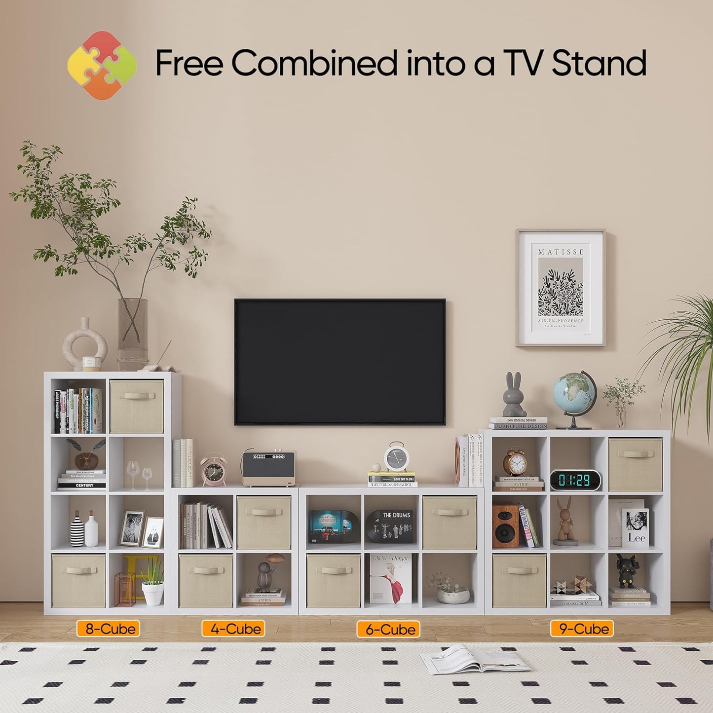 Bookshelf with Storage Bins, 9-Cube Storage Organizer Sturdy Wooden Bookcase Open Book Shelf, Multifunctional Cubicle Rack for Storages & Display, Furniture for Living Room Bedroom Office, White