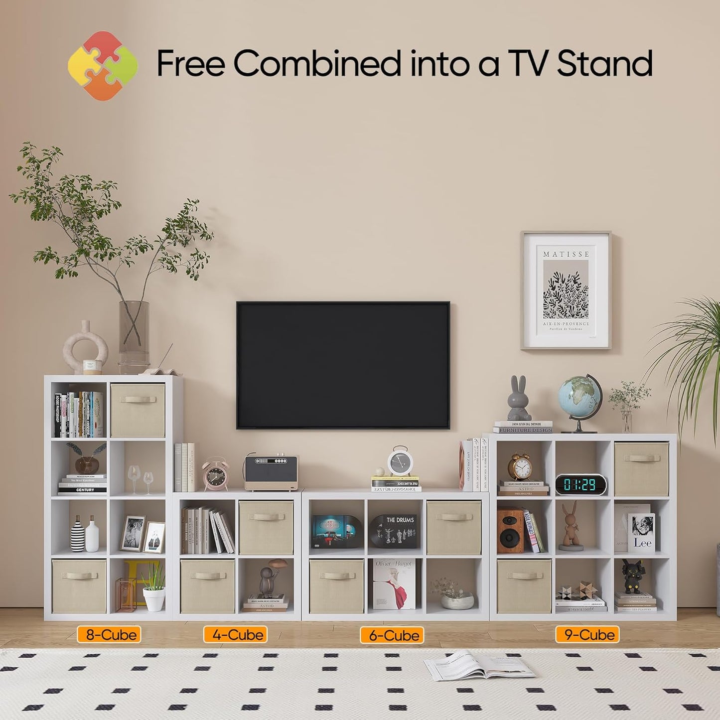 furtble Bookshelf with Storage Bins, 16-Cube Storage Organizer with Back Panels, Modern Wood Open Bookcase, Multifunctional Display Shelf for Living Room, Bedroom, Home Office, White